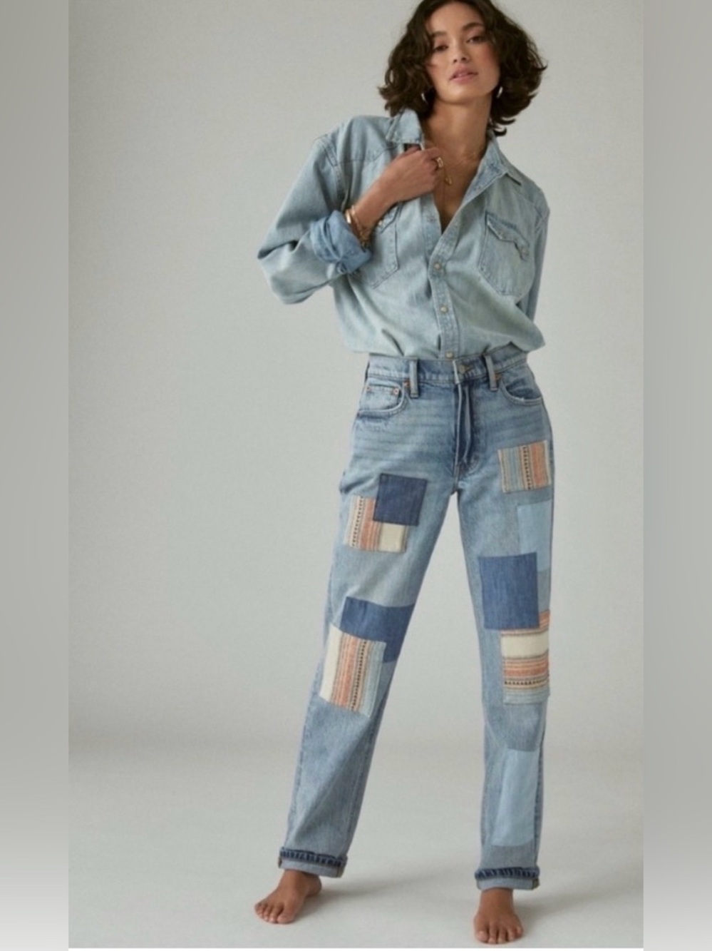 Lucky Legend Boyfriend Mid Rise Relaxed Straight Jeans Patchwork Size 26